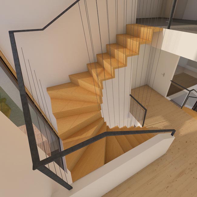 Architecture: steelwire as railing for stairs 